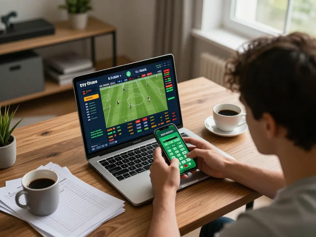 Engaging in tỷ lệ kèo nhà cái analysis during an online sports betting session in a cozy home office