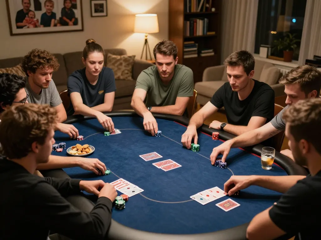 Net88 players strategizing their poker hands during an exciting home game night