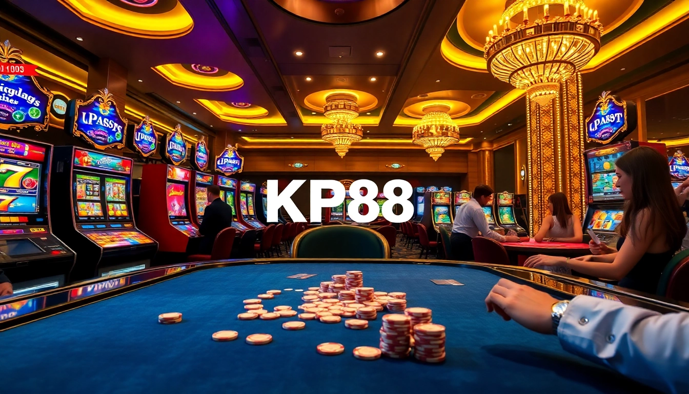 Players enjoy a thrilling game experience at KP88 casino with vibrant slot machines and professional dealers.