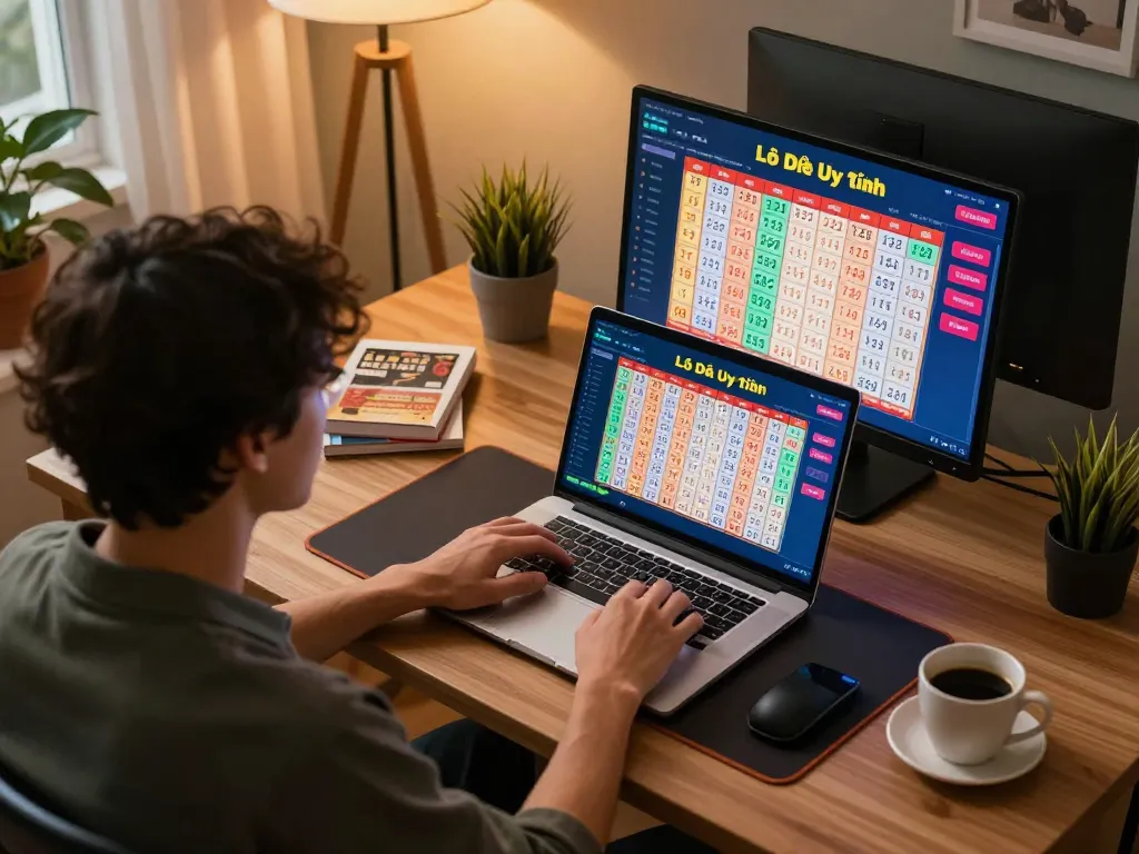 Lô Đề Uy Tín gaming scene featuring a player engaging with online lottery on a laptop.