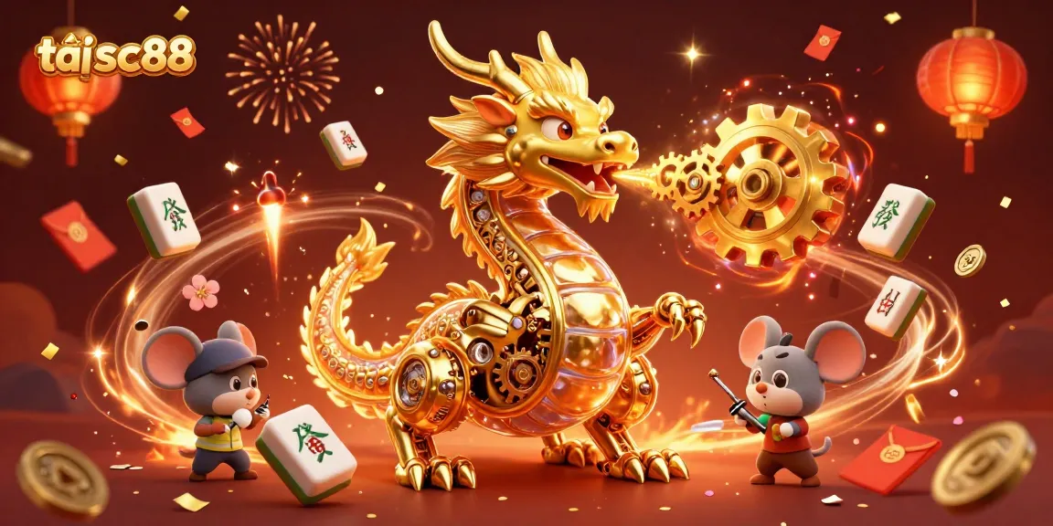 Engage in the excitement of tải sc88 with a golden dragon, floating mahjong tiles, and celebratory elements.