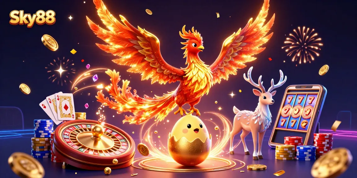 Play thrilling games at Sky88 with vibrant casino elements and a captivating phoenix scene.