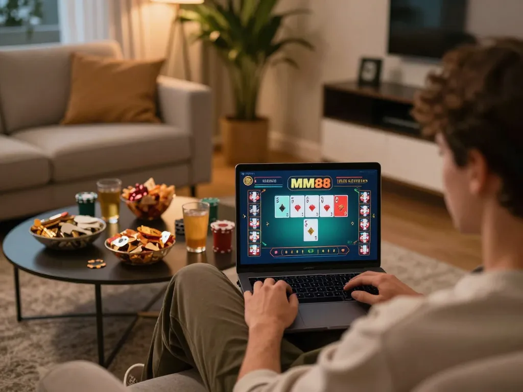 Person enjoying online poker on MM88 at home, with cozy setup and colorful interface.