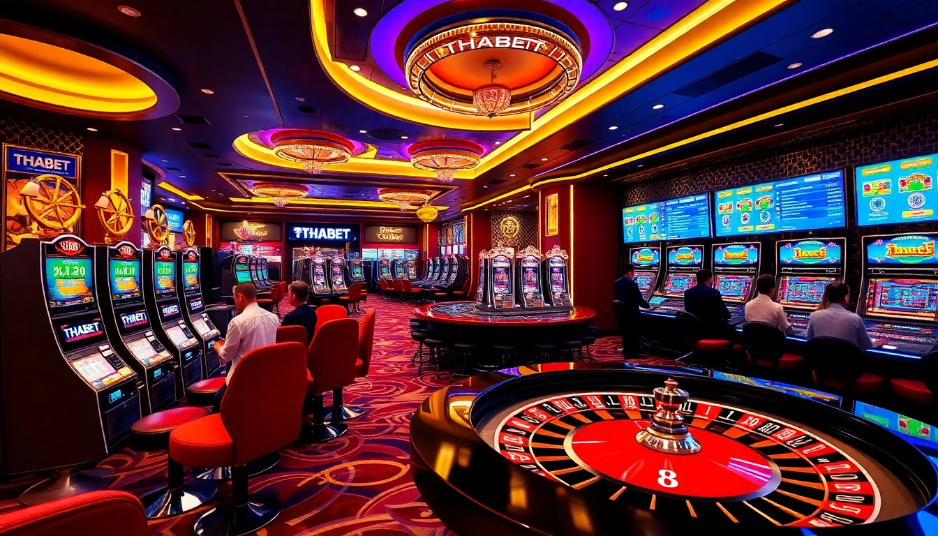 Exciting gameplay at thabet chính thức casino, showcasing vibrant slot machines and players engaged at the roulette table.