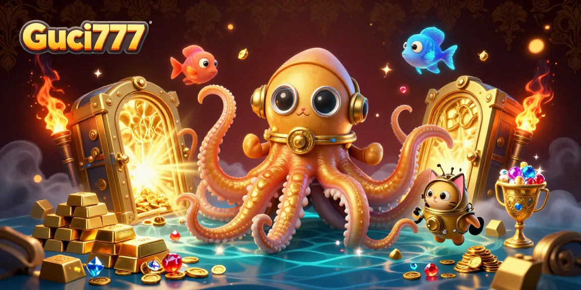 Menangkan permainan slot di Guci777 dengan ilustrasi kraken dan kucing penyelam di lautan harta.