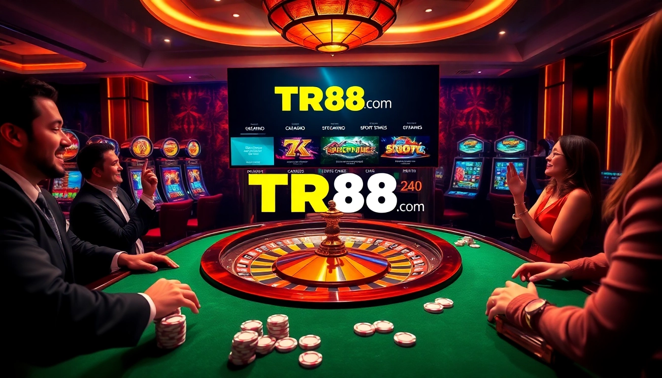 Exciting gaming action at TR88 com casino, featuring slot machines and poker tables.