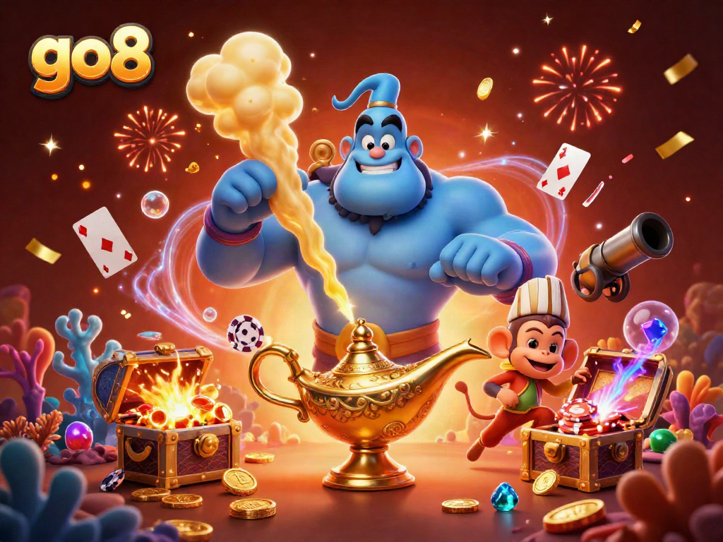 Engage with go8's online casino adventure featuring a genie, monkey, and poker chips.