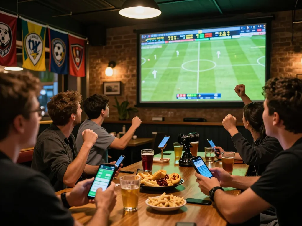 Engaged football fans actively placing bets during a thrilling match in a lively sports bar atmosphere.