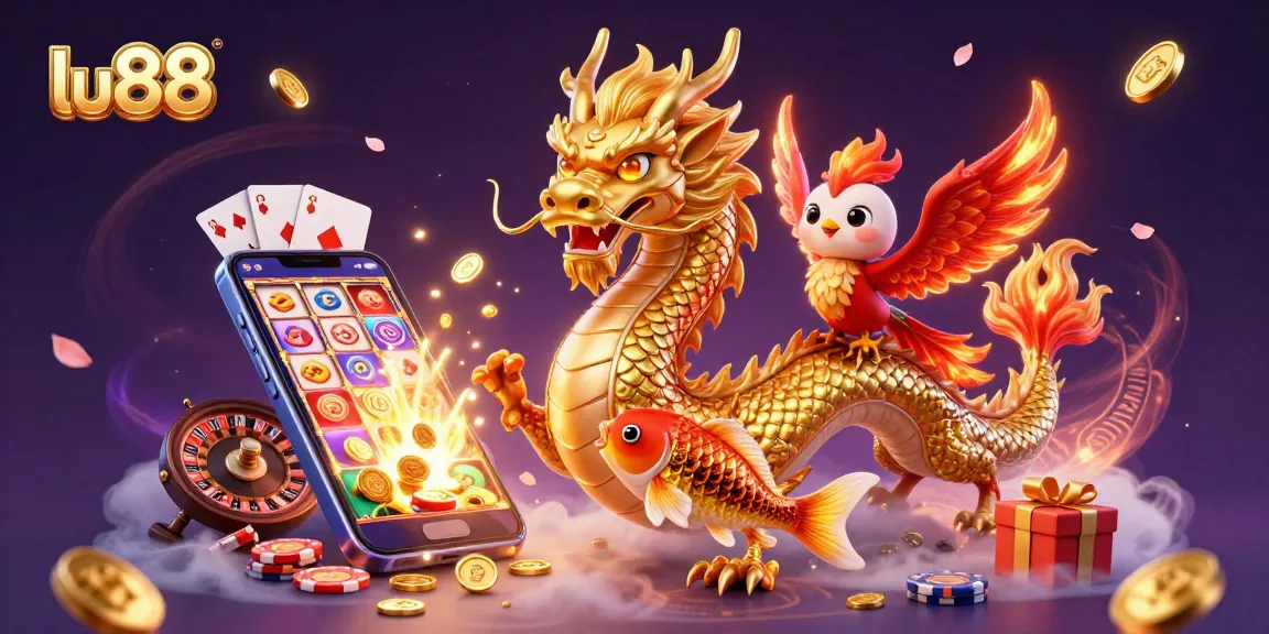 Experience exhilarating gaming adventures with lu88, featuring a fierce dragon, phoenix, and koi fish.