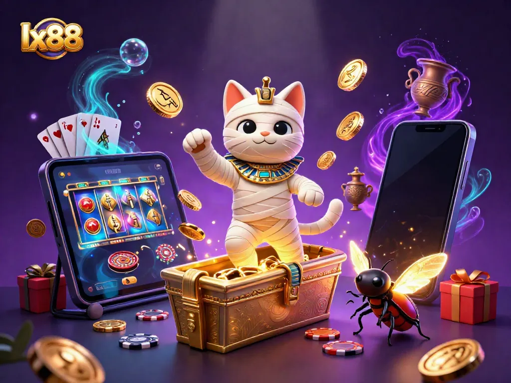 Experience the excitement of a vibrant lx88 casino scene with a mummy cat and a scarab beetle.