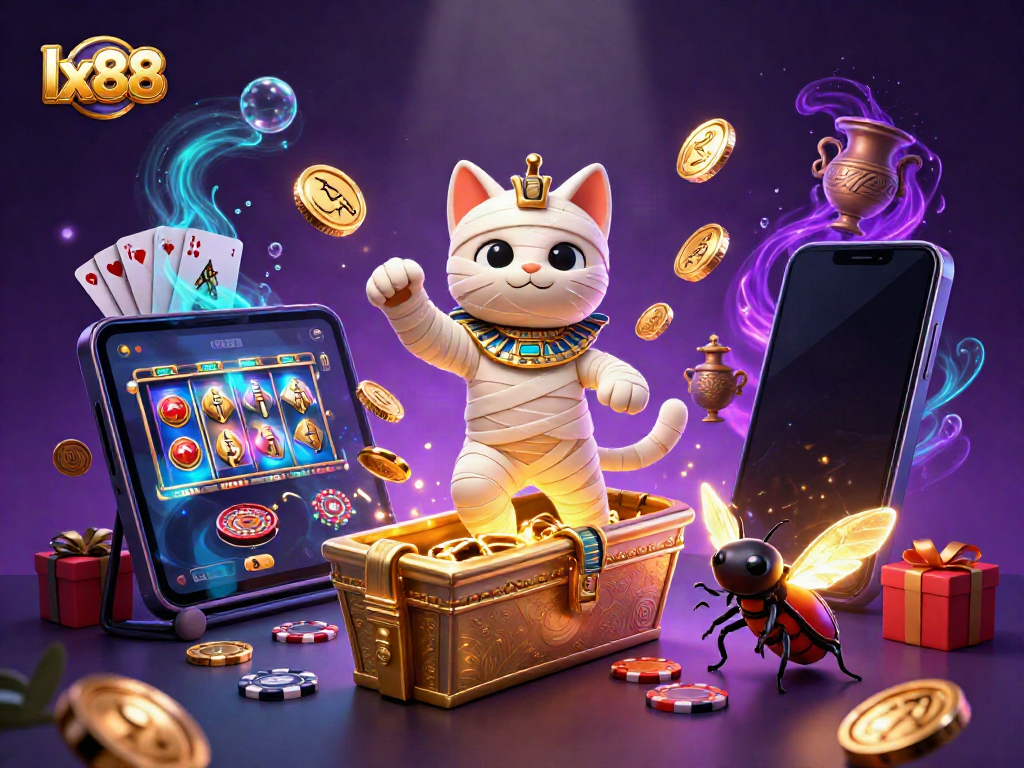 Experience the excitement of a vibrant lx88 casino scene with a mummy cat and a scarab beetle.