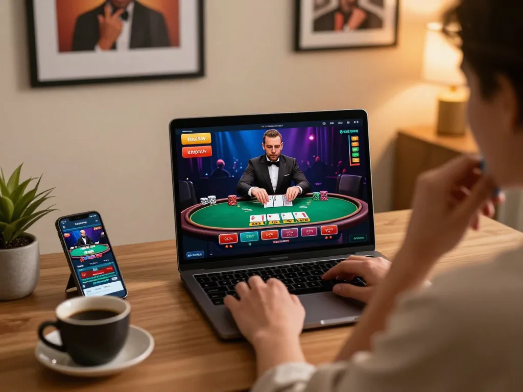 Playing blackjack on https://tx88at.com/ with a live dealer in an inviting home office setting.