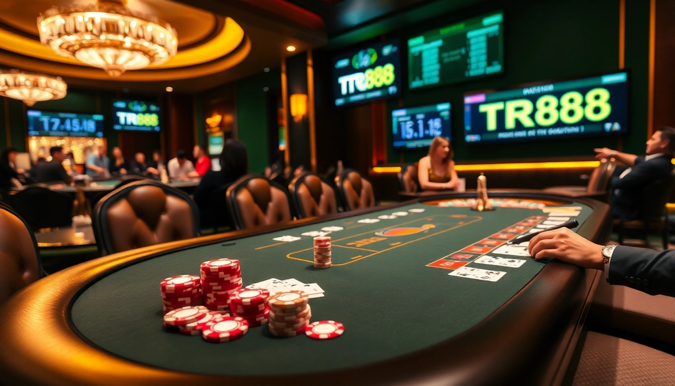 Engaged players at TR88 poker table, showcasing thrilling casino game action.