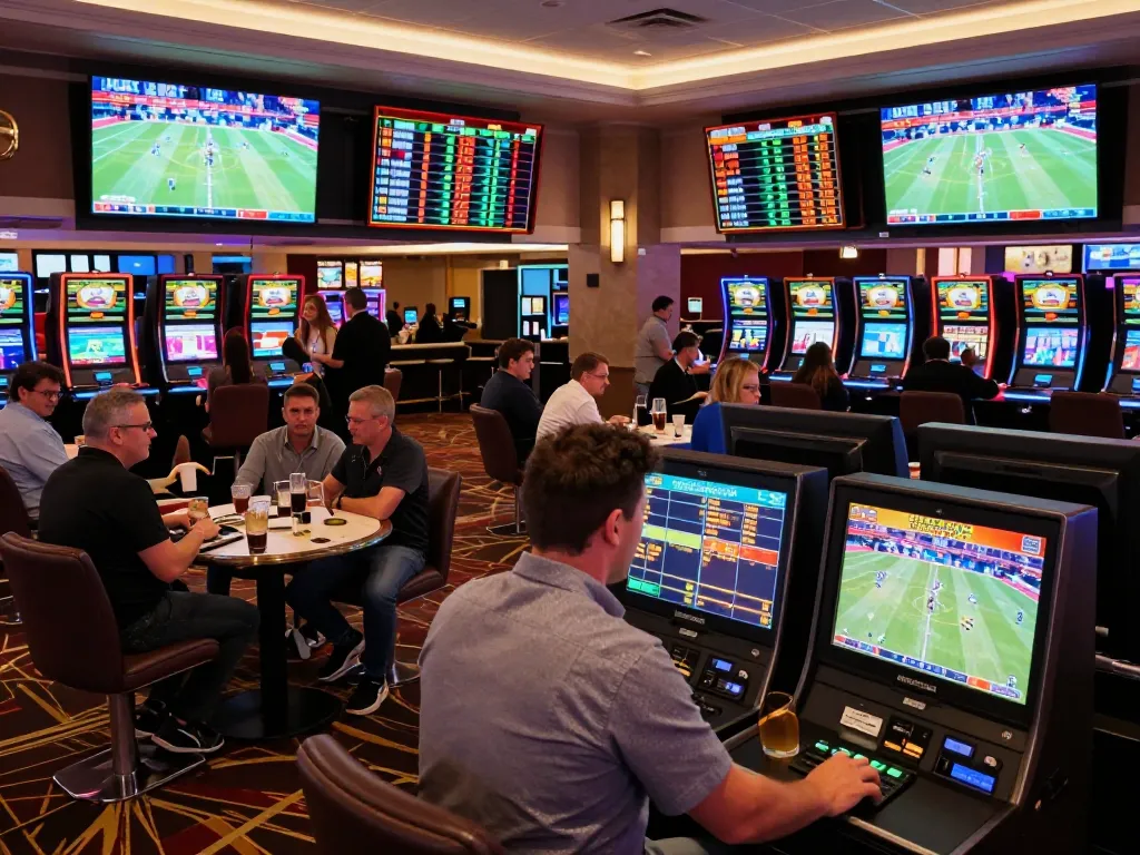 Tỷ lệ kèo nhà cái hôm nay illustrated in a vibrant sports betting lounge filled with eager bettors.