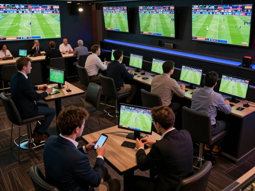 Exciting sports betting scene featuring nhandinhkeonhacai users placing live bets during a football match with multiple screens showing games.