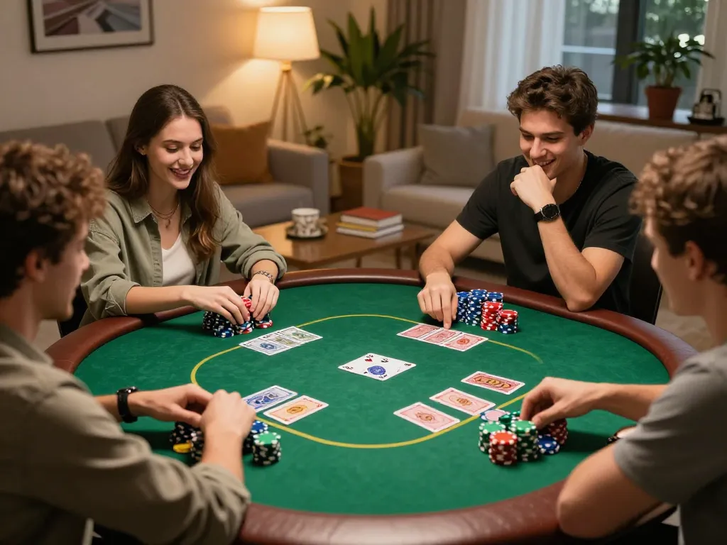 Friends enjoy a lively poker game at home on dagago platform, showcasing strategy and fun.