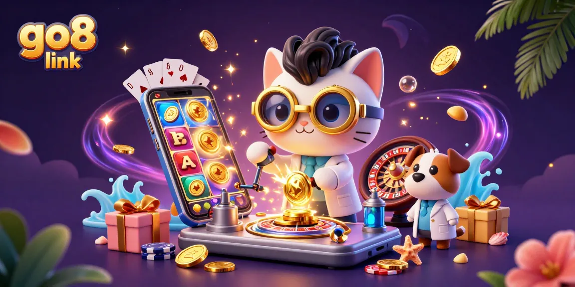 Spin to win with GO8 link in this vibrant 3D casino scene featuring slots, cards, and gold coins.