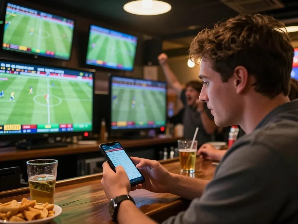 Engaging bettor analyzing ผลบอลสด scores on smartphone at a lively sports bar, emphasizing strategic live betting.