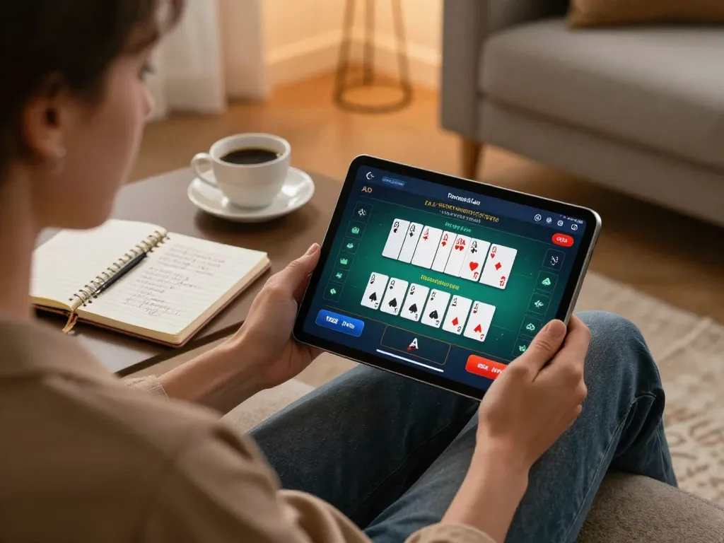 Player engaging in strategic gaming with XXGG online poker interface displayed on tablet while managing bankroll.