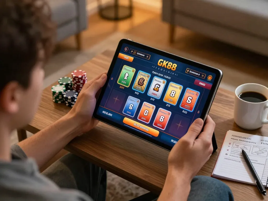 Player engaging in online gaming at home on GK88 platform, showcasing strategy and enthusiasm.