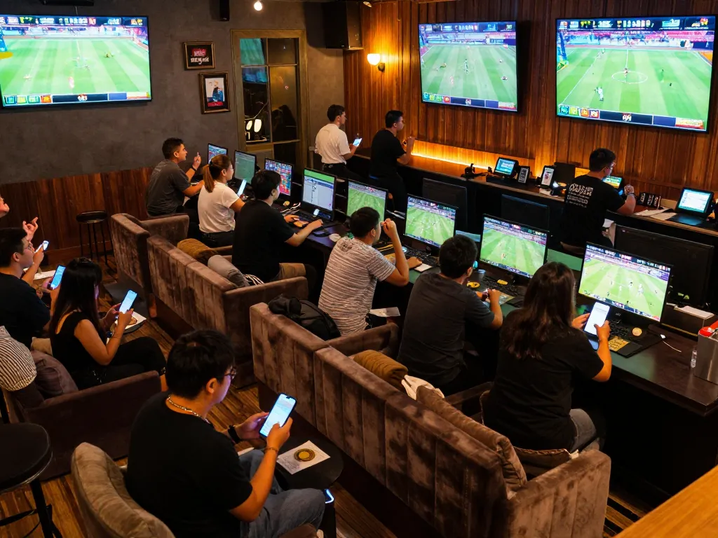 Fans enjoying sports betting with keo nha cai odds displayed on screens in a lively lounge
