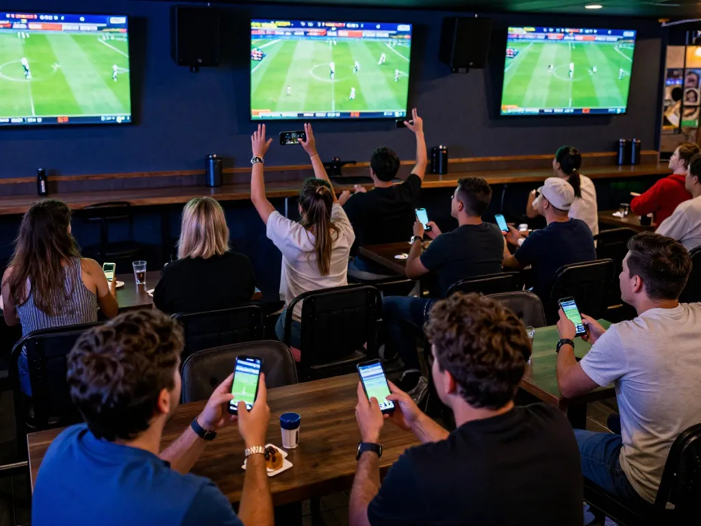 Kết quả bóng đá displayed on multiple screens in a lively sports bar as patrons engage in real-time betting.