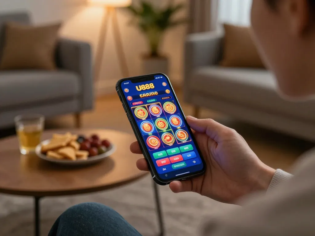 Player using U888 casino app on smartphone, showing vibrant slot game interface and cozy home setting