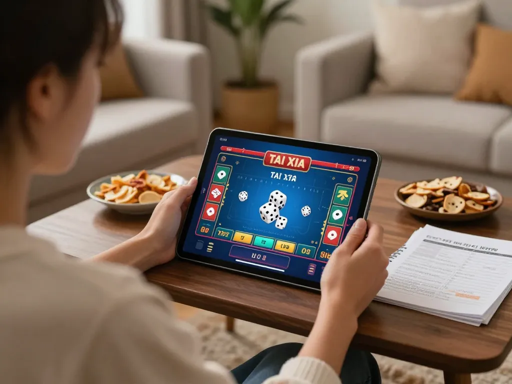 Player engaging with app tài xỉu on tablet in a cozy home setting, enhancing online gambling experience.