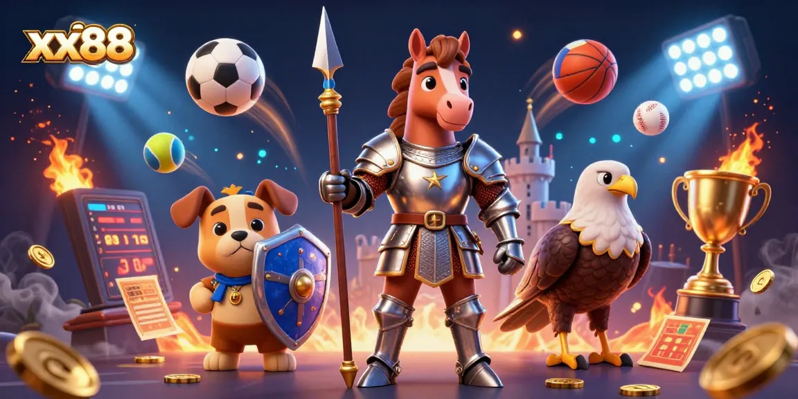 Engage with the thrilling xx88 gaming scene featuring a knight, puppy, and falcon among dynamic sports elements.