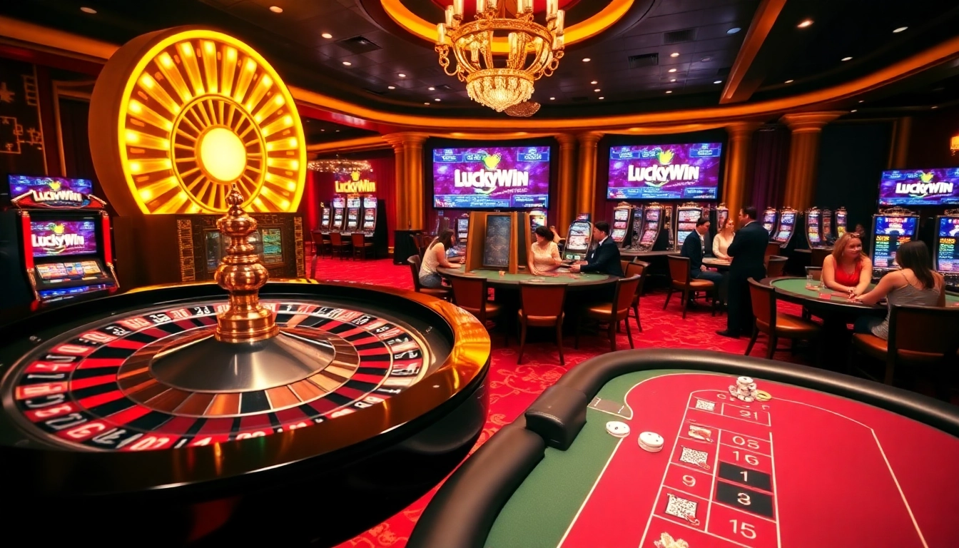 Experience the thrill of winning at LuckyWin casino with vibrant tables and celebratory players.