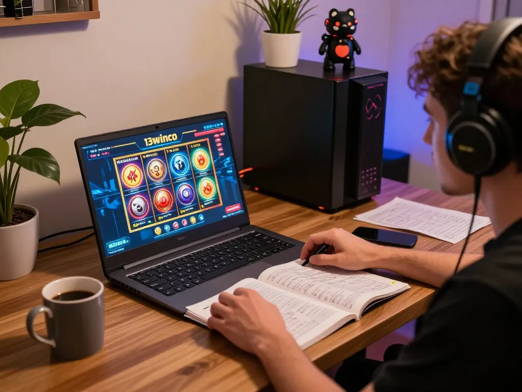 Player engaging with 13winco online slots, creating a lively gaming atmosphere at home.
