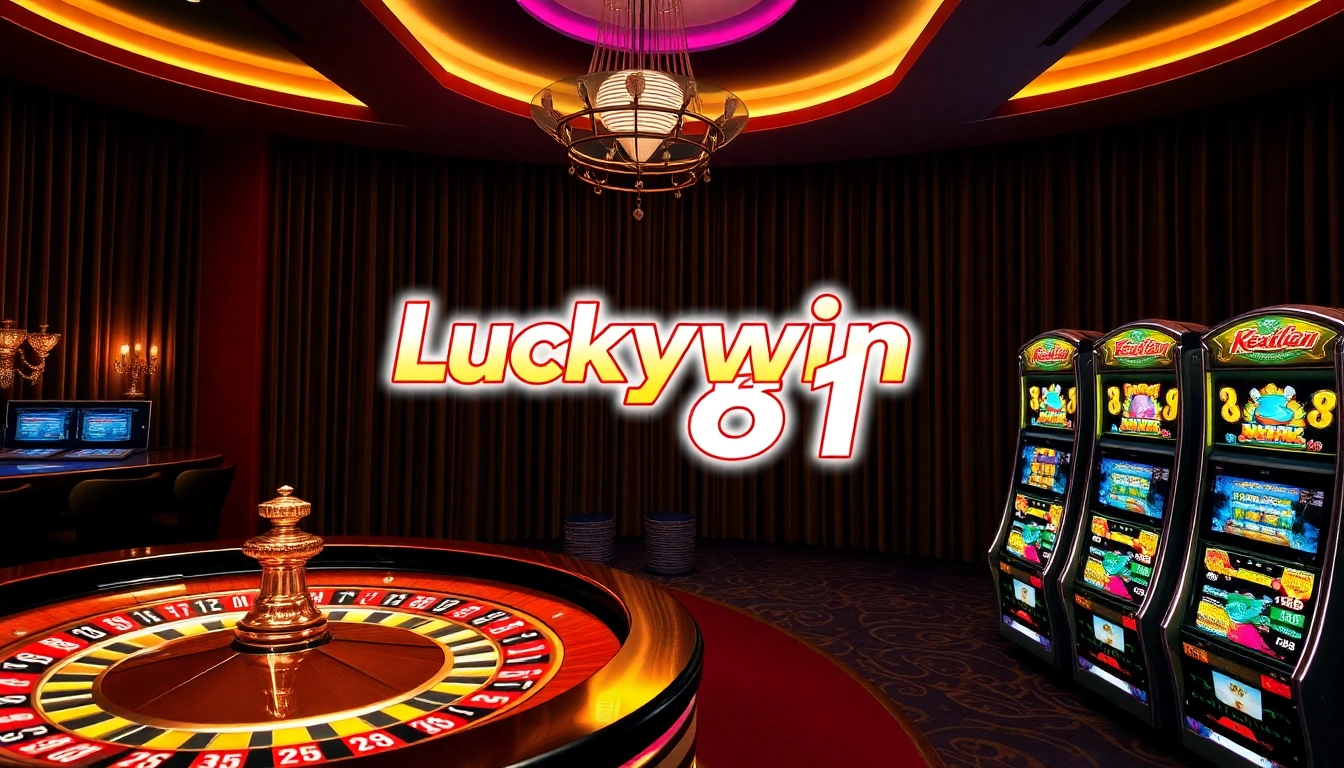 Experience the excitement of Luckywin 881 with vibrant poker and slot machines in a luxurious casino.