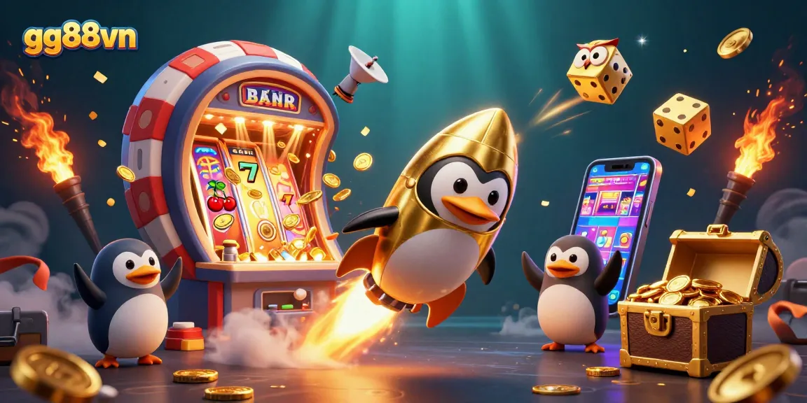 Experience thrilling jackpots with gg88vn's slot machines as the golden penguin blasts through space.