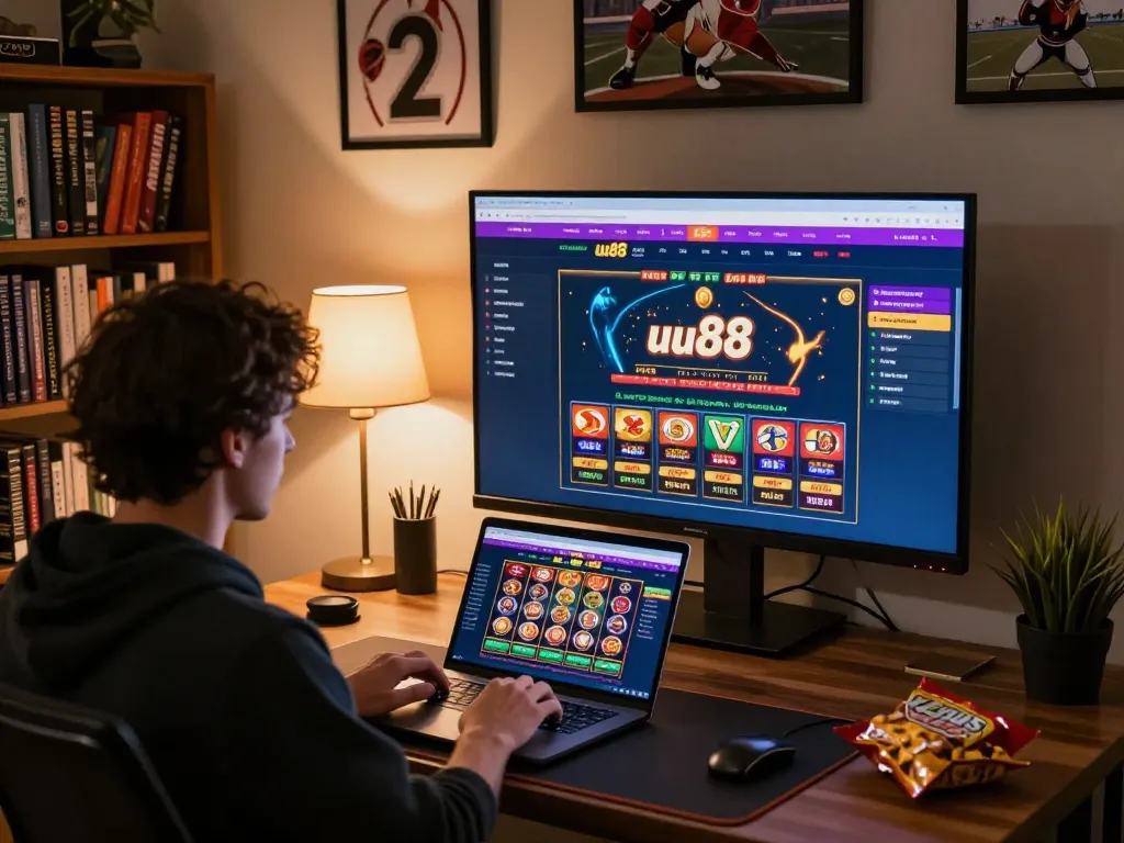 Engaged player using uu88 casino interface on laptop in cozy home office