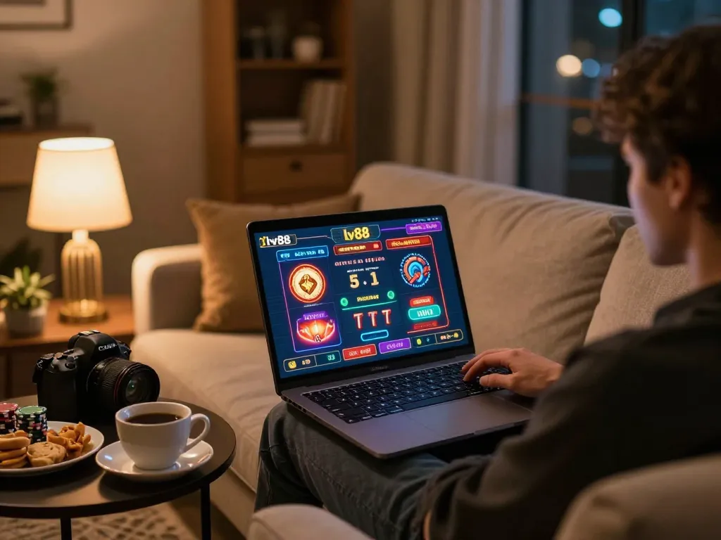 Player engaging in online gaming at lv88 casino from a comfortable home environment, laptop displaying live betting interfaces