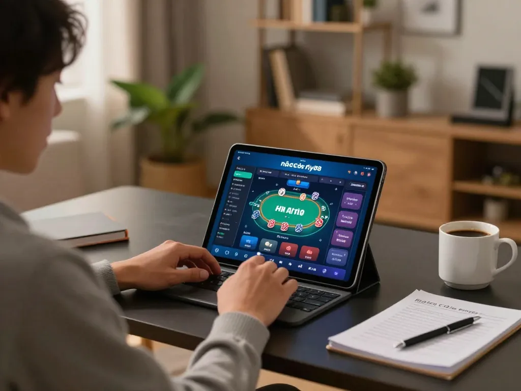 Player engages with the nhà cái fly88 app on a tablet at an organized home desk during gaming.