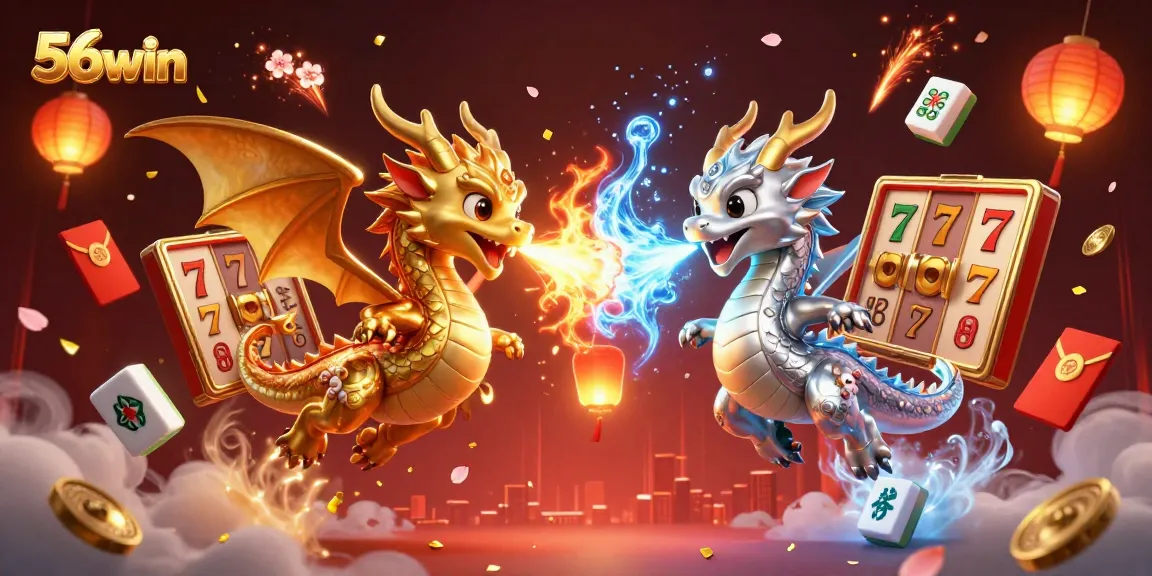 Experience thrilling slot game action with 56win in a vibrant 3D dragon illustration.