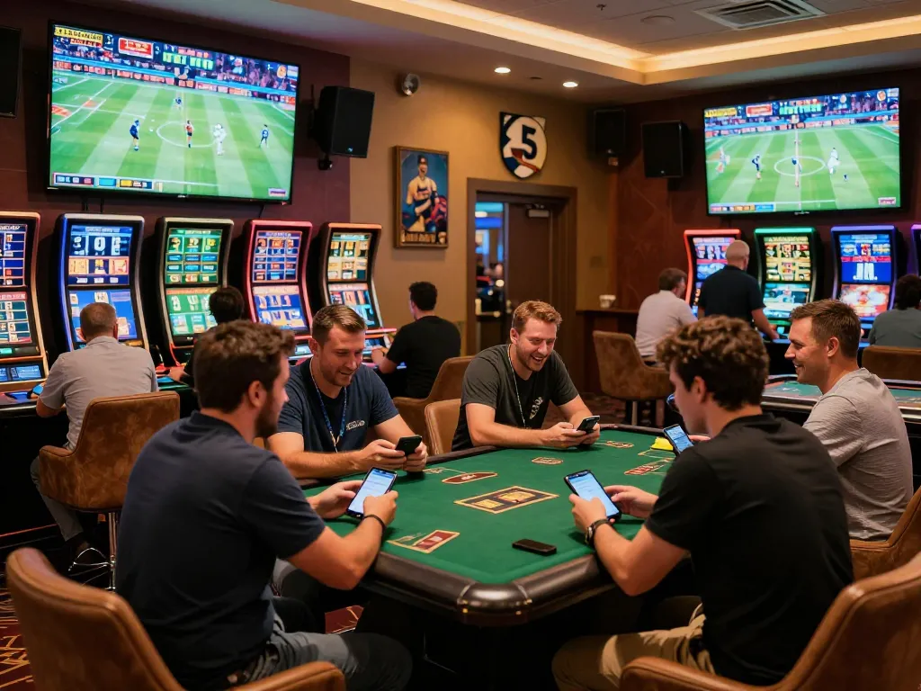 Engaged fans utilizing keonhacai to place sports bets in an upscale casino setting