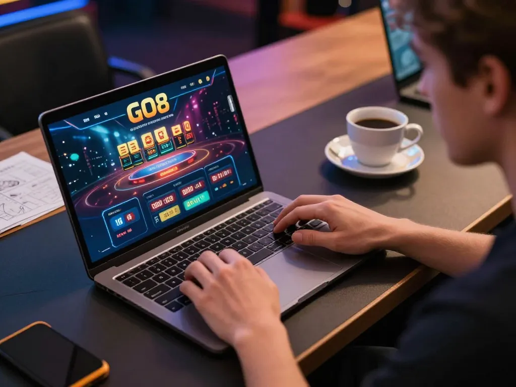 Engaging with GO8 đăng nhập on a laptop, showcasing a strategic online casino gaming setup.