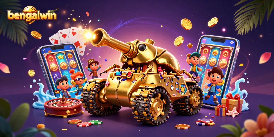 Bengalwin showcases a vibrant 3D cartoon casino scene featuring a golden beetle tank, exciting slot games and dynamic elements.