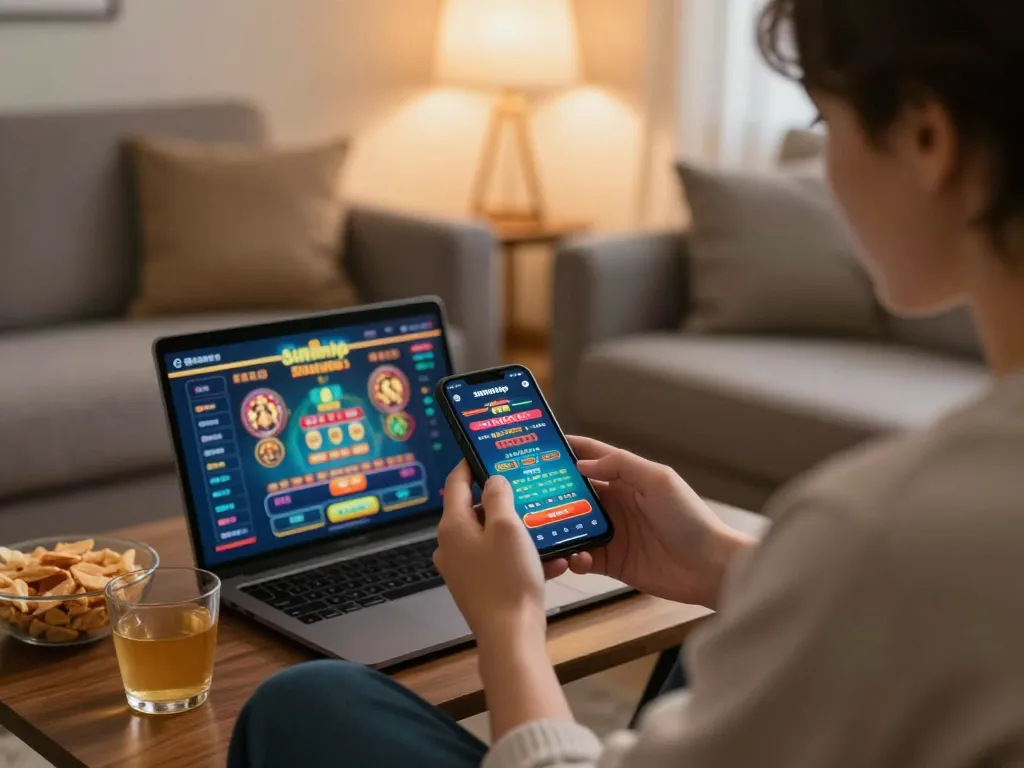 Player engaging with the sunwintop mobile app, showing immersive gambling action on a cozy sofa.