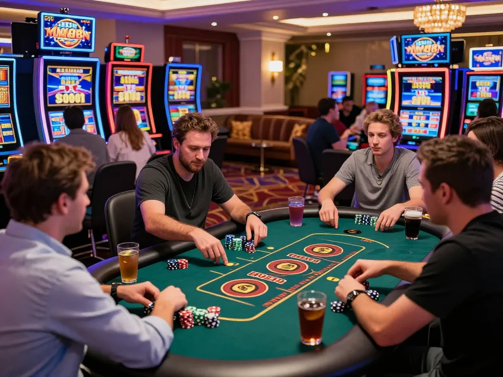 Exciting MM88 online casino atmosphere with players enjoying games and vibrant decor.