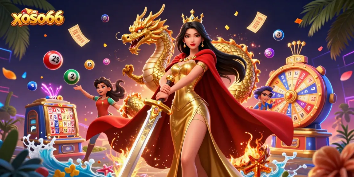 Xoso66 players enjoy vibrant lottery games with colorful elements and a stunning warrior queen illustration.