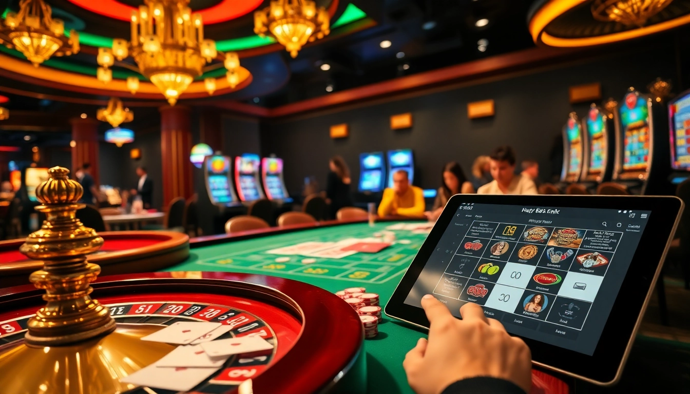 Action-packed gaming scene from https://nohu90.pink/, featuring roulette, poker, and vibrant slot machines.