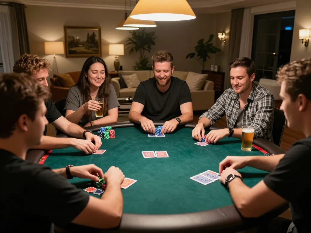 Players engaging in strategy during a poker game at home, highlighting the ABC999 plataforma as a popular choice for betting