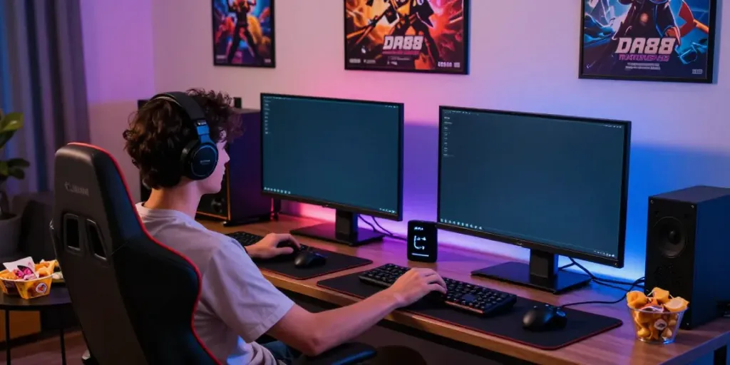 Engaged user exploring DA88 online gaming platform in a modern entertainment setup.