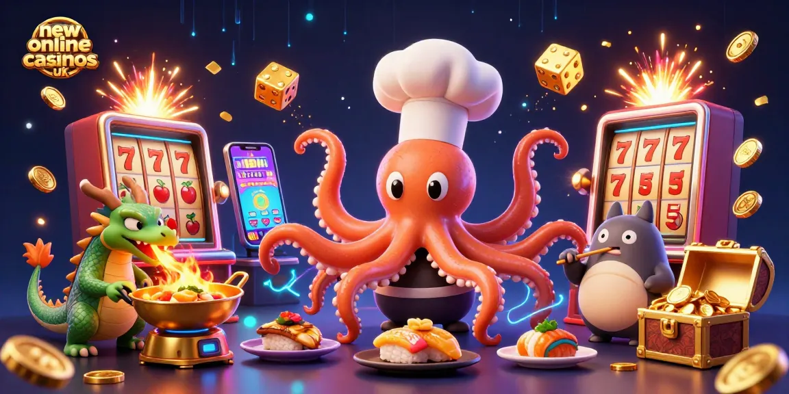 New online casinos UK theme featuring a vibrant, immersive casino scene with cartoon characters and slot games.
