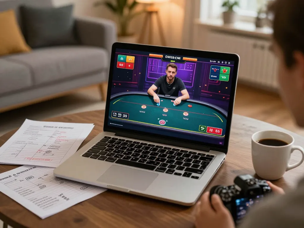 hi88 player strategizing in engaging online poker game at home, comfortable ambiance
