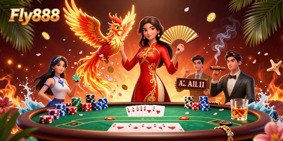Engage with Fly888 at a vibrant online casino featuring rich visuals of gaming excitement.