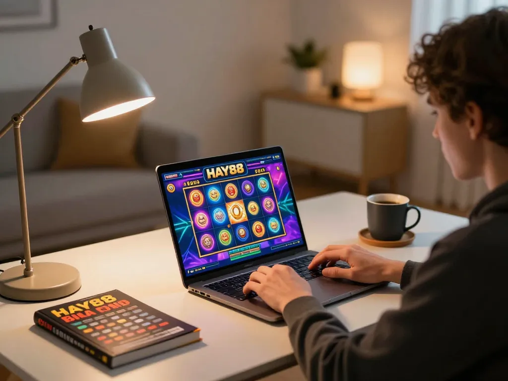 Player enjoying HAY88 online slots while focusing on game strategy at home